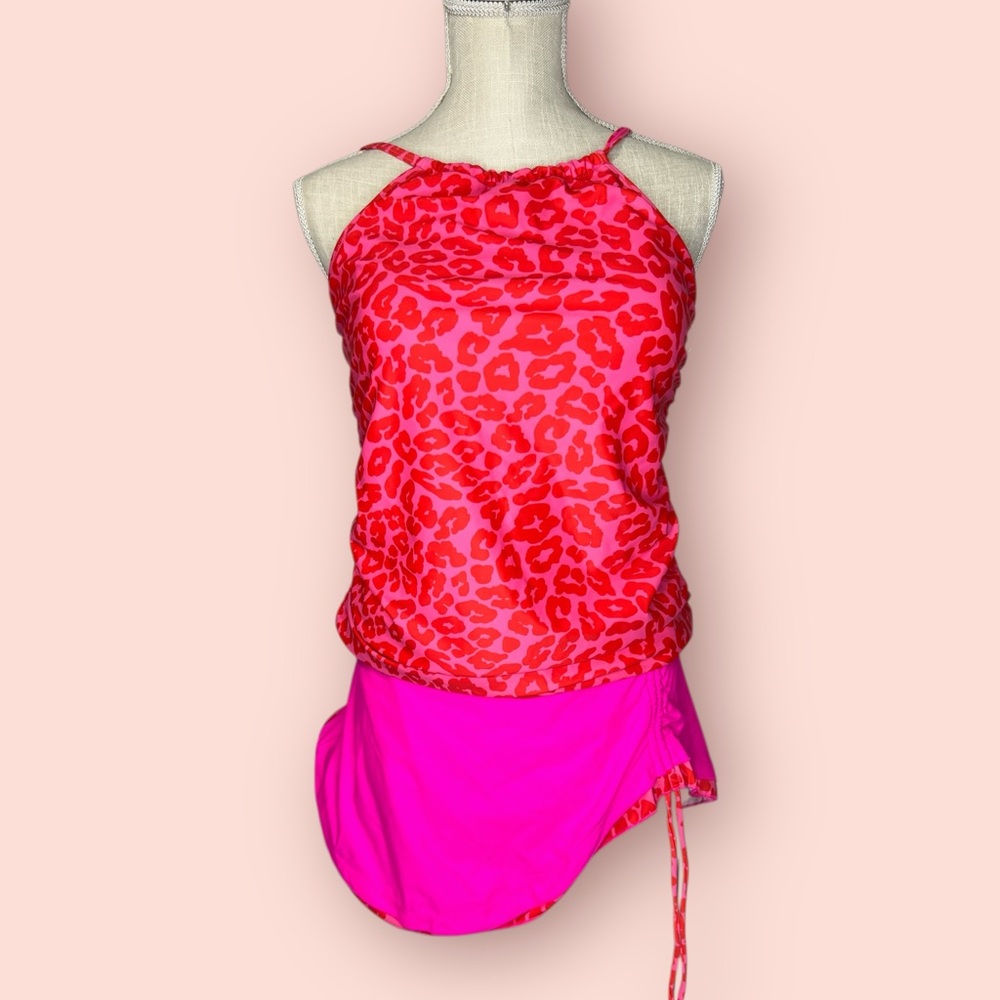 Jess Lea Hot Pink + Neon Coral Leopard Print 2 Piece Tankini NWT